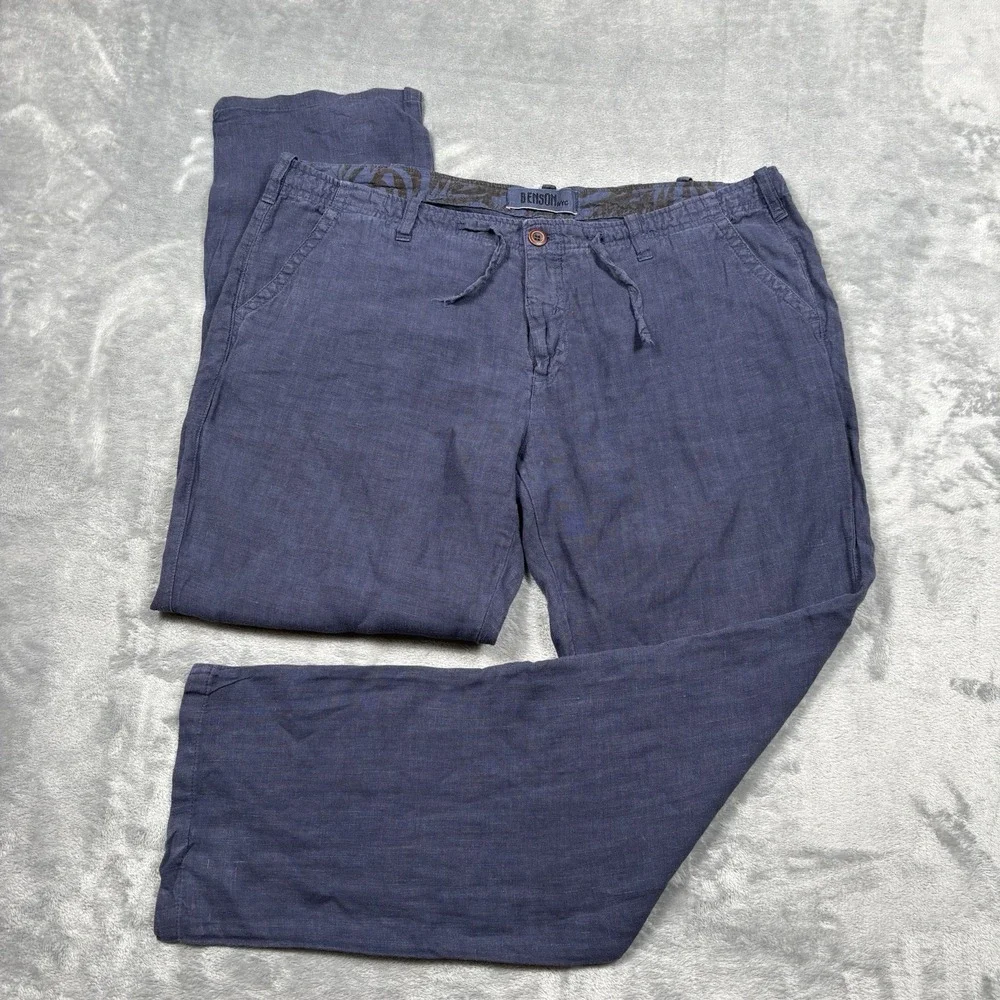 Benson NYC Casual Pants Size 38x32 Blue 100% Linen Lightweight